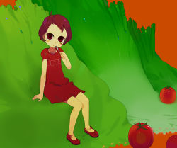 dress eating fork ichikawa mini_person minigirl salad solo surreal tomato rating:Sensitive score:1 user:danbooru
