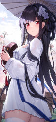  1girl azur_lane black_hair box closed_mouth cloud cloudy_sky dress fence flower hair_flower hair_ornament hands_up highres holding holding_box holding_umbrella light_blush long_hair looking_at_viewer official_alternate_costume official_art oil-paper_umbrella outdoors red_eyes sky solo thighhighs umbrella white_dress white_flower white_thighhighs yat_sen_(azur_lane) yat_sen_(paragon_of_celestial_grace)_(azur_lane) 