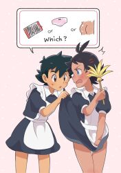 2boys apron ash_ketchum ass black_hair blue_eyes boxers clothes_lift commentary_request creatures_(company) crossdressing dark-skinned_male dark_skin dress dress_lift duster english_text feather_duster game_freak goh_(pokemon) highres kawachaneel108 maid male_focus male_underwear multiple_boys nintendo open_mouth panties pink_panties pokemon pokemon_(anime) pokemon_journeys short_hair short_sleeves shota simple_background spoken_object standing underwear yaoi 