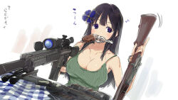  1girl assault_rifle black_hair blue_bow blue_eyes blush bow breasts casual cleavage collarbone commentary covered_erect_nipples eighth_note green_tank_top gun gun_in_mouth hair_bow hair_ornament handgun heart holding holding_gun holding_weapon large_breasts long_hair looking_at_viewer motion_lines musical_note official_art rifle ryouki_(senran_kagura) scope senran_kagura senran_kagura_estival_versus shiny_skin sniper_rifle solo spoken_heart spoken_musical_note tablecloth tank_top translation_request weapon weapon_request yaegashi_nan 