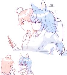  ... 2girls ahoge alternate_costume animal_ear_fluff animal_ears blue_eyes blue_hair cat_ears cat_girl cellphone closed_mouth collared_shirt cropped_torso crossed_arms dress_shirt expressionless green_eyes headpat highres holding holding_phone hololive hoshimachi_suisei kemonomimi_mode long_hair long_sleeves looking_at_phone micomet_(hololive) multiple_girls multiple_views phone pink_hair profile sakura_miko shirt simple_background smartphone spoken_ellipsis star_(symbol) star_in_eye symbol_in_eye v-shaped_eyebrows very_long_hair virtual_youtuber white_background white_shirt yumi5469 yuri 