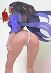  1girl ass back creatures_(company) dark-skinned_female dark_skin fat_mons forehead from_behind fundoshi game_freak geeta_(pokemon) gen_4_pokemon gym_leader highres japanese_clothes long_hair looking_at_viewer looking_back multicolored_hair nintendo partially_visible_vulva pokemon pokemon_sv rotom rotom_phone sweat thighs ukimukai very_long_hair  rating:Questionable score:56 user:MagilousLover
