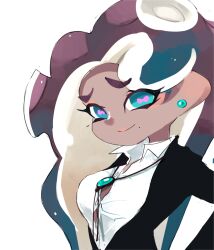  1girl black_jacket blue_eyes blue_hair breasts buttons cephalopod_eyes closed_mouth collared_shirt dark-skinned_female dark_skin dress_shirt earrings furrowed_brow gradient_hair horizontal_pupils jacket jewelry koike3582 long_hair long_sleeves marina_(splatoon) medium_breasts mole mole_under_mouth multicolored_hair nintendo octoling pink_pupils purple_hair shirt simple_background smile solo splatoon_(series) suction_cups tentacle_hair two-tone_hair upper_body white_background white_shirt 