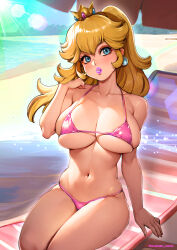  1girl arm_support bare_arms bare_shoulders beach beach_chair bikini blonde_hair blue_eyes breasts cleavage commentary_request crown day earrings female_focus hand_up head_tilt highres jewelry large_breasts lipstick long_hair looking_at_viewer makeup mario_(series) micro_bikini navel nintendo outdoors oyaman parted_lips pink_bikini pink_lips princess_peach single_earring sitting skindentation solo stomach sunlight super_mario_bros._1 swimsuit twitter_username underboob  rating:Sensitive score:112 user:danbooru