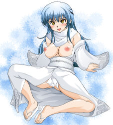  1girl 2010 blue_hair blush breasts breasts_out japanese_clothes kimono large_breasts long_hair looking_at_viewer medium_breasts nipples oikawa_tsurara open_mouth ryumage sandals sitting smile white_kimono white_sandals yellow_eyes 