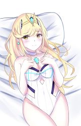  1girl absurdres bed blonde_hair blush breasts cleavage closed_mouth gem hair_ornament headpiece highres jewelry large_breasts long_hair lying mxsoundtube mythra_(radiant_beach)_(xenoblade) mythra_(xenoblade) nintendo one-piece_swimsuit shy sidelocks smile solo swimsuit thighs tiara white_one-piece_swimsuit xenoblade_chronicles_(series) xenoblade_chronicles_2 yellow_eyes  rating:Sensitive score:6 user:danbooru