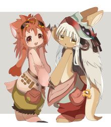  1girl 1other androgynous animal_ears body_fur border brown_fur claws colored_eyelashes furry furry_female goggles goggles_on_head green_pants grey_background hat highres holding_hands horns jitome long_hair looking_at_viewer made_in_abyss mitty_(made_in_abyss)_(furry) multiple_views nanachi_(made_in_abyss) open_mouth pants pink_fur pouch puffy_pants rabbit_ears red_eyes red_hair red_hat red_pants short_hair sidelocks smile standing tail triangle_mouth uis0 upper_body whiskers white_border white_hair 