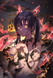  1girl antenna_hair bare_shoulders black_hair black_ribbon breasts collared_shirt convenient_censoring en&#039;en_no_shouboutai female_focus fire fire glowing glowing_eyes hair_ornament highres light long_hair looking_at_viewer navel neck_ribbon open_mouth paw_pose ribbon shadow shirt silhouette small_breasts solo tamaki_kotatsu torn_clothes twintails yellow_eyes ying_yi  rating:Sensitive score:96 user:danbooru