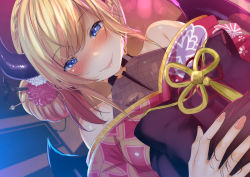 1girl bad_id bad_twitter_id bare_shoulders blonde_hair blue_eyes blush breasts cleavage closed_mouth collarbone demon_girl demon_horns demon_wings dutch_angle fumihiko_(fu_mihi_ko) hand_on_another&#039;s_head hololive horns japanese_clothes kimono large_breasts looking_down nail_polish obi off_shoulder pink_nails pointy_ears sash see-through see-through_cleavage smile solo virtual_youtuber wings yuzuki_choco yuzuki_choco_(new_year)  rating:Sensitive score:38 user:danbooru