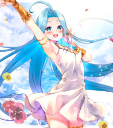  1girl :d ahoge arm_up armpits bangs bare_shoulders blue_eyes blue_hair blush breasts bridal_gauntlets commentary_request dress eyebrows_visible_through_hair flower forehead gem granblue_fantasy highres looking_at_viewer lyria_(granblue_fantasy) open_mouth parted_bangs petals pilokey pleated_dress red_flower sleeveless sleeveless_dress small_breasts smile solo upper_teeth white_dress yellow_flower 