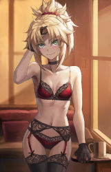 1girl bare_shoulders black_gloves black_thighhighs blonde_hair bra breasts choker closed_mouth collarbone denim fate/apocrypha fate_(series) garter_belt garter_straps gloves green_eyes hair_ornament hair_scrunchie highres lace lace-trimmed_legwear lace_trim lingerie long_hair looking_at_viewer mordred_(fate) mordred_(fate/apocrypha) navel panties parted_bangs ponytail red_bra red_panties red_scrunchie scrunchie sidelocks small_breasts smile solo thighhighs tonee underwear underwear_only rating:Sensitive score:126 user:danbooru