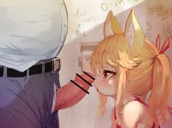 1boy 1girl absurdres animal_ear_fluff animal_ears bar_censor belt blue_pants body_fur censored commentary_request erection fox_ears furry furry_female furry_with_non-furry hetero highres huge_filesize imminent_fellatio interspecies loli lolo_(kemonono) long_hair open_mouth original pants penis red_eyes ribbon shirt twintails white_shirt rating:Explicit score:445 user:danbooru