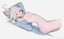 1girl ;d ahoge alternate_costume armpits bad_source bed_sheet blue_eyes blue_hair blue_shirt bra breasts commentary commission completely_nude drop-shaped_pupils furina_(genshin_impact) genshin_impact grey_hair highres knees_up light_blue_hair lying medium_breasts navel nude on_back one_eye_closed open_mouth paid_reward_available pixiv_commission shirt smile sooon symbol-shaped_pupils underwear  rating:Questionable score:66 user:danbooru