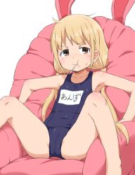 &gt;:t 10s 1girl :t bare_shoulders bean_bag_chair blonde_hair blue_one-piece_swimsuit breasts brown_eyes bubukka candy character_name cheek_bulge collarbone commentary food food_in_mouth futaba_anzu idolmaster idolmaster_cinderella_girls loli lollipop long_hair looking_at_viewer low_twintails name_tag old_school_swimsuit one-piece_swimsuit school_swimsuit school_uniform sitting small_breasts solo spread_legs swimsuit twintails v-shaped_eyebrows rating:Questionable score:71 user:danbooru