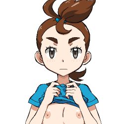 1girl breasts brown_eyes brown_hair clothes_lift creatures_(company) game_freak gomatarou_(pixiv196136) loli looking_at_viewer lowres nintendo nipples no_bra pokemon pokemon_(anime) pokemon_the_movie:_i_choose_you! shirt_lift simple_background small_breasts solo topknot upper_body verity_(pokemon) white_background rating:Questionable score:67 user:Perv-Ultra