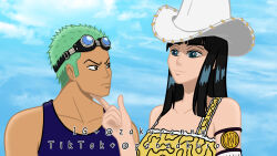  1boy 1girl artist_name bare_shoulders black_eyes black_hair blue_eyes blue_tank_top blunt_bangs closed_mouth cloud cloudy_sky commentary cowboy_hat english_commentary goggles goggles_on_head green_hair hand_on_another&#039;s_chin hat highres long_hair looking_at_another nico_robin official_alternate_costume one_piece outdoors roronoa_zoro short_hair sky smile tank_top white_headwear zakupanny  rating:General score:3 user:danbooru