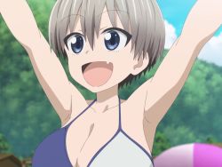  1girl armpits arms_up bikini blue_eyes breasts cleavage cloud collarbone fang grey_hair highres huge_breasts open_mouth outdoors screencap short_hair sky smile solo stitched swimsuit third-party_edit upper_body uzaki-chan_wa_asobitai! uzaki_hana  rating:Questionable score:63 user:ryoasuka666