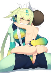  1boy 1girl age_difference android arm_support bodysuit bombergirl breasts censored clothed_female_nude_male emera_(bombergirl) erection green_eyes green_hair head_tilt hetero highres hug large_breasts leaning_back mosaic_censoring nude onee-shota penis pepper0 robot_ears shota simple_background spread_legs testicles white_background  rating:Explicit score:162 user:danbooru