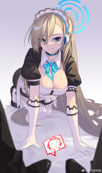  1boy 1girl absurdres all_fours alternate_costume apron asuna_(blue_archive) black_choker black_footwear black_shrug black_skirt blonde_hair blue_archive blue_bow blue_bowtie blue_choker blue_eyes blue_halo blurry bow bowtie breasts chinese_commentary choker cleavage commentary_request detached_collar doodle_sensei_(blue_archive) elbow_gloves enmaided eyes_visible_through_hair feet frills full_body gloves grey_background grin hair_over_one_eye halo highres large_breasts long_hair looking_at_viewer maid maid_apron maid_headdress pov pov_legs puffy_short_sleeves puffy_sleeves sangqi_de_a_yu sensei_(blue_archive) shoes short_sleeves shrug_(clothing) skirt smile spoken_character thighhighs very_long_hair watermark weibo_logo white_apron white_gloves white_thighhighs 