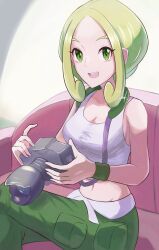  1girl artist_name bare_arms bare_shoulders blonde_hair breasts camera capri_pants cleavage collarbone creatures_(company) crop_top curtained_hair dusk_poke27 game_freak green_eyes green_pants green_wristband highres holding holding_camera large_breasts midriff nintendo pants photographer pokemon pokemon_xy shirt signature sleeveless sleeveless_shirt solo tank_top viola_(pokemon) white_tank_top  rating:Sensitive score:3 user:danbooru