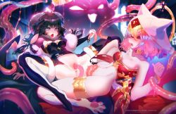  2girls animal_ears black_hair boots cat_ears cat_tail cross furry goat_horns horns multiple_girls pink_hair rape tagme tail tentacle_sex tentacles thigh_boots thighhighs torn_clothes vaginal  rating:Explicit score:9 user:amnotsofia