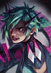  1girl alter_(apex_legends) apex_legends black_lips black_sclera bodysuit colored_sclera commentary english_commentary glowing glowing_eyes green_bodysuit green_hair hair_behind_ear highres looking_at_viewer open_mouth parted_lips short_hair short_twintails smile solo twintails white_eyes wiki_(juicykiwi) 