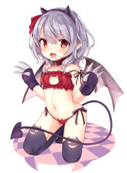 1girl adapted_costume animal_hands bare_shoulders black_thighhighs blush cat_cutout cat_lingerie checkered_floor claws clothing_cutout collar demon_girl demon_tail demon_wings fake_horns fang flat_chest hair_ribbon hairband horns kedama_milk kneeling light_purple_hair meme_attire navel open_mouth panties pointy_ears red_eyes red_panties red_ribbon remilia_scarlet ribbon side-tie_panties simple_background smile solo strap_slip tail thighhighs touhou underwear underwear_only white_background wings rating:Sensitive score:42 user:danbooru