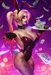  1girl animal_ears bare_shoulders batman_(series) blue_eyes breasts bullet card choker cleavage clothing_cutout clubs dc_comics diamond_(shape) explosive fake_animal_ears fishnet_pantyhose fishnets gloves grenade hair_ornament harley_quinn heart heart_cutout jewelry joker_(playing_card) large_breasts leotard lipstick long_hair looking_at_viewer makeup money multicolored_hair necklace pale_skin pantyhose pink_hair playboy_bunny playing_card playing_with_own_hair rabbit_ears rabbit_tail shiny_clothes signature skull_hair_ornament solo suicide_squad tail tattoo the_joker tray twintails watermark xiaoguimist  rating:Sensitive score:85 user:twilight_jester