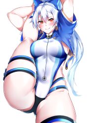  1girl absurdres blue_bow blue_jacket blue_one-piece_swimsuit blush bow breasts fate/grand_order fate_(series) hair_between_eyes hair_bow highleg highleg_swimsuit highres jacket kneepits large_breasts leg_lift leg_up len_(hand_linke) long_hair looking_at_viewer one-piece_swimsuit ponytail red_eyes short_sleeves simple_background smile split standing standing_on_one_leg standing_split swimsuit thighs tomoe_gozen_(fate) tomoe_gozen_(swimsuit_saber)_(fate) two-tone_swimsuit white_background white_hair white_one-piece_swimsuit 