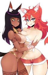  2girls animal_ears blue_eyes breast_press breasts cleavage curvy dog_ears dog_tail halphelt large_breasts looking_at_viewer medium_breasts multiple_girls purple_hair red_hair saliva saliva_trail symmetrical_docking tail tattoo tongue tongue_out wide_hips yellow_eyes yuri  rating:Questionable score:32 user:homohomu