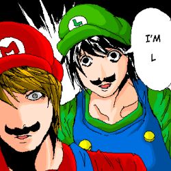 2boys bags_under_eyes cosplay crossover death_note english_text facial_hair hat i_am_l l_(death_note) lowres luigi luigi_(cosplay) male_focus mario mario_(cosplay) mario_(series) multiple_boys mustache nintendo overalls parody uniform what wide-eyed yagami_light rating:Sensitive score:25 user:danbooru