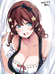  1girl aqua_eyes bare_shoulders blush bow breasts brown_hair cleavage collarbone curtain_grab curtains dated dirndl dress drill_hair emma_verde flower from_above gengoroh german_clothes hair_between_eyes hair_bow hair_flower hair_ornament hairband highres large_breasts long_hair love_live! love_live!_nijigasaki_high_school_idol_club open_mouth smile solo twin_drills upper_body  rating:Sensitive score:17 user:danbooru