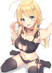 1girl ahoge alternate_costume armpits bare_shoulders bell black_choker black_panties black_thighhighs blonde_hair blush breasts cat_cutout cat_ear_panties cat_lingerie choker cleavage cleavage_cutout clothing_cutout collarbone commentary_request hachimiya_meguru hair_ornament hatsu_(first_snow) idolmaster idolmaster_shiny_colors large_breasts long_hair looking_at_viewer low_twintails meme_attire navel no_shoes open_mouth panties reaching reaching_towards_viewer side-tie_panties sitting smile solo star_(symbol) star_hair_ornament stomach thighhighs twintails underwear rating:Sensitive score:26 user:danbooru