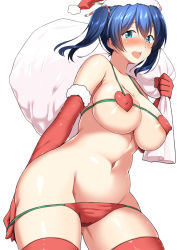 10s 1girl areola_slip b-ginga bikini bikini_pull blue_eyes blue_hair blush breasts christmas clothes_pull covered_erect_nipples elbow_gloves female_focus gloves hair_ribbon hat holding kantai_collection large_breasts looking_at_viewer matching_hair/eyes micro_bikini navel nose_blush open_mouth red_bikini red_gloves red_thighhighs ribbon sack santa_hat short_hair simple_background smile solo souryuu_(kancolle) swimsuit thighhighs twintails white_background rating:Questionable score:48 user:danbooru