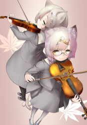  2girls :3 animal_ear_fluff animal_ears autumn_leaves black-framed_eyewear black_pantyhose blush braid cat_ears cat_girl cat_tail commentary_request fortissimo from_above glasses green_eyes grey_hair grey_jacket grey_skirt hair_ornament highres holding holding_instrument holding_violin instrument intertwined_tails jacket looking_at_viewer mozu_(peth) multiple_girls musical_note musical_note_hair_ornament open_clothes open_jacket original pantyhose short_hair skirt slit_pupils smile tail treble_clef twin_braids violin white_pantyhose yellow_eyes 
