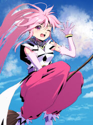 1girl absurdres arche_klein baggy_clothes baggy_pants bazz000033 belt blue_sky bracelet broom broom_riding cloud elbow_gloves fang female_focus gloves hair_between_eyes highres jewelry long_hair looking_at_viewer one_eye_closed open_mouth pants pink_eyes pink_hair pink_pants ponytail purple_belt sky smile solo tales_of_(series) tales_of_phantasia wink