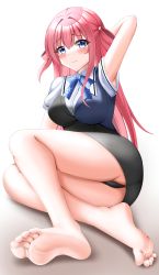  1girl absurdres armpits ass barefoot blue_eyes blush breasts feet flustered grisaia_(series) grisaia_no_kajitsu highres large_breasts long_hair looking_at_viewer panties pink_hair school_uniform soles solo suou_amane thighs toes underwear  rating:Sensitive score:27 user:SuouAmameme3392