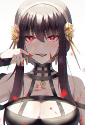 1girl :d absurdres arm_up bare_shoulders black_dress black_hair blood blood_on_breasts blood_on_face blood_on_hands blush breasts cleavage collarbone dress dymao female_focus flower hair_flower hair_ornament hairband highres large_breasts looking_at_viewer open_mouth red_eyes short_hair_with_long_locks sidelocks simple_background sleeveless sleeveless_dress smile solo spy_x_family upper_body white_background yellow_flower yellow_hairband yor_briar  rating:Sensitive score:15 user:danbooru