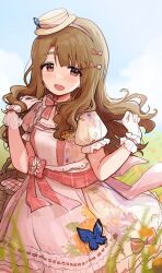  1girl absurdres blue_butterfly blurry blurry_foreground blush boater_hat brown_hair bug butterfly depth_of_field dress floating_hair floral_print frilled_wristband hat highres idolmaster idolmaster_million_live! insect long_hair mini_hat miyao_miya nnnn outdoors pink_dress puffy_short_sleeves puffy_sleeves short_sleeves smile solo very_long_hair 