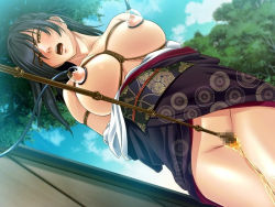  1girl arms_behind_back bdsm bishuu_-chigyaku_no_mesu_dorei- black_hair blush bondage bound breast_bondage breasts camp_nou_(artist) censored cloud crotch_rope dutch_angle extry eyes_visible_through_hair female_focus from_below functionally_nude game_cg japanese_clothes kimono kimono_pull lactation large_breasts legs_together long_hair milking_machine mosaic_censoring nipples no_bra no_panties obi open_clothes open_kimono open_mouth outdoors peeing peeing_self pubic_hair pull rindouin_mio rope rope_walking sash shibari sky solo tree  rating:Explicit score:83 user:amazoness
