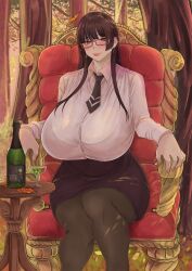  1girl alcohol asase_yuugi black_necktie blunt_bangs bralines breasts brown_hair button_gap chair chichi8181 cocktail_glass cup drinking_glass earrings feet_out_of_frame forest glass_bottle glasses haks highres huge_breasts jewelry leaf long_hair looking_at_viewer nature necktie outdoors pantyhose pencil_skirt pink_lips pink_nails red-framed_eyewear red_eyes shirt sitting skirt solo thick_thighs thighs throne tree white_nails white_shirt 