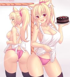 1girl animal_ear_fluff animal_ears apron apron_lift ass black_thighhighs blonde_hair blush breasts cake cat_ears cleavage clothes_lift collarbone fang food gluteal_fold highres large_breasts lifting_own_clothes long_hair looking_at_viewer mirror nearly_naked_apron no_bra no_pants nottytiffy open_mouth original panties patreon_username pink_panties ponytail red_eyes reflection slit_pupils solo thighhighs tiffy_(nottytiffy) underwear watermark web_address rating:Questionable score:83 user:danbooru