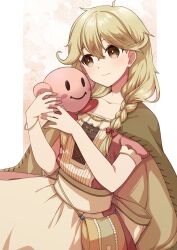 1girl absurdres anti-kirby blonde_hair blush braid brown_eyes brown_hair cameo cape chihiro_(chihiro3399) commission dress faye_(fire_emblem) fire_emblem fire_emblem_echoes:_shadows_of_valentia highres holding jewelry kirby_(series) long_hair low-braided_long_hair low-tied_long_hair nintendo simple_background smile solid_oval_eyes the_legend_of_zelda the_legend_of_zelda:_link&#039;s_awakening twin_braids 