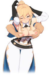 1boy 1girl armpits arms_up belt blonde_hair blue_capelet blue_eyes blush grabbing_another&#039;s_breast breasts capelet coattails disembodied_hand genshin_impact grabbing grabbing_from_behind hetero highres jean_(genshin_impact) large_breasts long_hair nipples one_eye_closed open_mouth pants pepper0 ponytail sidelocks simple_background solo_focus tight_clothes tight_pants white_background white_pants rating:Questionable score:317 user:danbooru