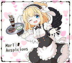  1girl ;d animal_ears apron black_hairband black_skirt black_wings blonde_hair blue_eyes breasts center_frills commentary_request cosplay cup fake_animal_ears feathered_wings fleur_de_lapin_uniform floppy_ears frilled_apron frilled_hairband frilled_skirt frills gochuumon_wa_usagi_desu_ka? hairband heart heart_background holding holding_tray kirima_syaro kirima_syaro_(cosplay) looking_at_viewer marl_(shironeko_project) mismatched_wings mitya one_eye_closed open_mouth parfait ponytail puffy_short_sleeves puffy_sleeves rabbit_ears saucer shironeko_project shirt short_sleeves skirt small_breasts smile solo transparent tray twitter_username uniform waitress white_apron white_background white_shirt white_wings wings wrist_cuffs 