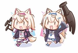  2girls animal_ear_fluff animal_ears bandaid_hair_ornament belt belt_collar blonde_hair blue_brooch blue_hair chibi collar commentary dog_ears dog_girl english_commentary fang fur_trim fuwawa_abyssgard hair_ornament hairband hammer headband highres hololive hololive_english jacket long_hair long_sleeves mococo_abyssgard moon_ldl multicolored_hair multiple_girls nail open_mouth pink_belt pink_brooch pink_hair pink_hairband pink_headband short_hair siblings simple_background sisters skirt smile streaked_hair twins virtual_youtuber white_background 