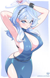  1girl ako_(blue_archive) ako_(dress)_(blue_archive) armpits arms_up backless_dress backless_outfit bare_shoulders blue_archive blue_dress blue_eyes blue_hair blue_halo blush breasts cuffs dress hair_between_eyes halo handcuffs highres jewelry kajin_(kajinman) large_breasts looking_at_viewer official_alternate_costume patreon_username plunging_neckline sideboob sideless_dress simple_background sleeveless sleeveless_dress solo sweat white_background 