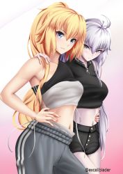  blonde_hair blue_eyes fate_(series) grey_hair highres jeanne_d&#039;arc_(fate) jeanne_d&#039;arc_(ruler)_(fate) jeanne_d&#039;arc_alter_(fate) navel ponytail sportswear yellow_eyes  rating:Explicit score:18 user:crazylitch