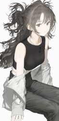  1girl absurdres aspara black_hair black_pants closed_mouth collarbone crop_top grey_eyes highres hood hoodie long_hair looking_at_viewer neck open_clothes open_hoodie original pants shirt simple_background sitting sleeveless sleeveless_shirt solo white_background 