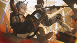  2girls arknights backpack bag bangs black_gloves black_hair black_headwear black_legwear black_ribbon blush boots brown_footwear bulletproof_vest camouflage camouflage_jacket camouflage_pants combat_boots commentary_request dragon_girl dragon_horns dragon_tail firing frost_(rainbow_six_siege) gloves gun hair_ribbon highres holding holding_gun holding_shield holding_weapon holster horns jacket knee_pads liskarm_(arknights) long_hair long_sleeves looking_ahead mask mouth_mask multiple_girls pants pantyhose ponytail rainbow_six_siege rappelling red_eyes ribbon rifle riot_shield shield sidelocks silver_hair tactical_clothes tail ttk_(kirinottk) weapon woollen_cap 